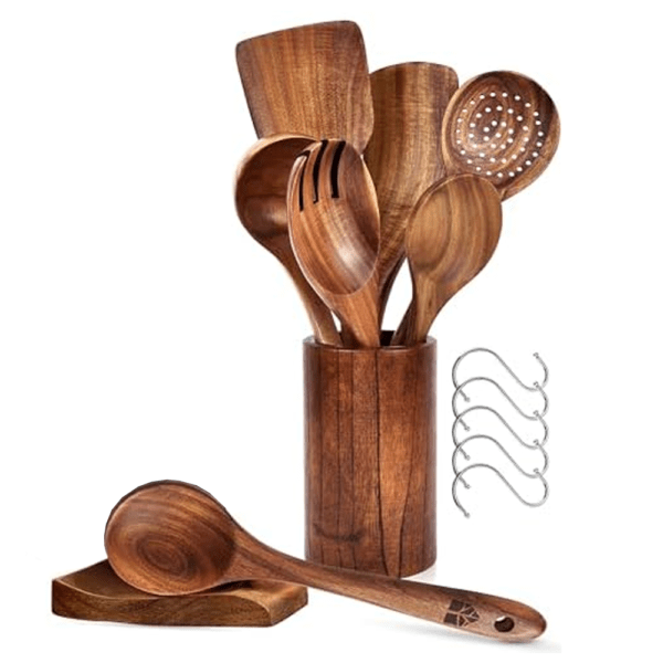 Ensemble de 8 spatules de cuisine en bois avec support