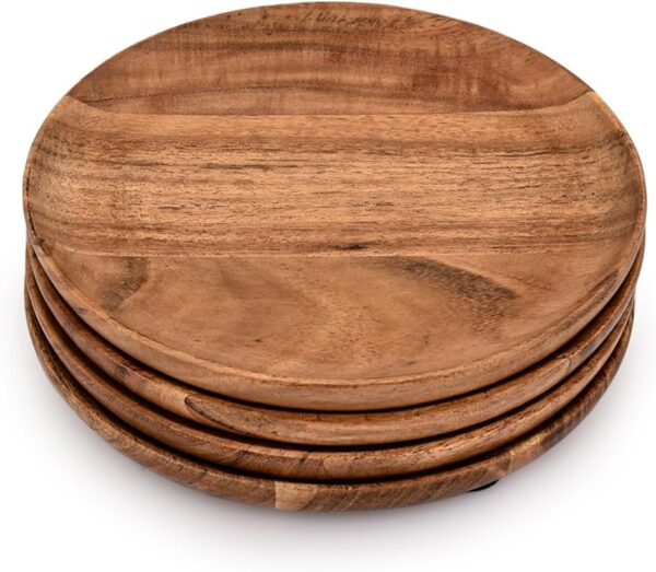 Lot de 4 assiettes en bois d’acacia rondes pour repas, collations, desserts – Image 8