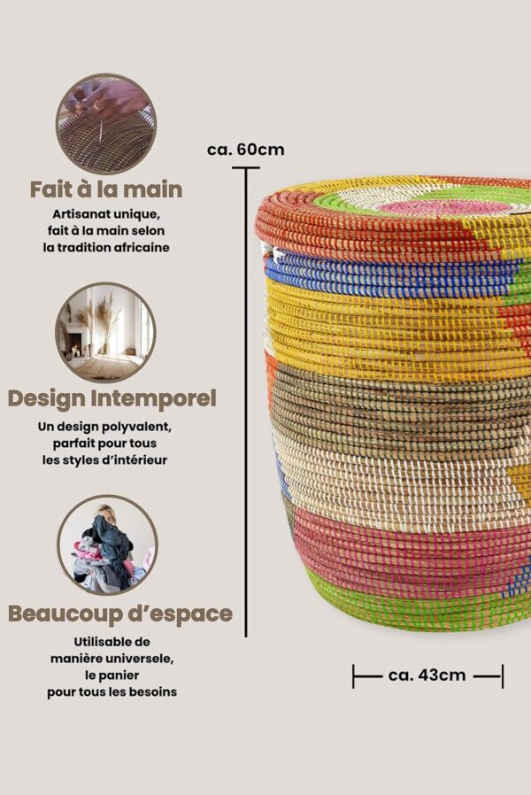 Panier tressé Africain Fulani (85L) en herbe et plastique recyclé – Image 12