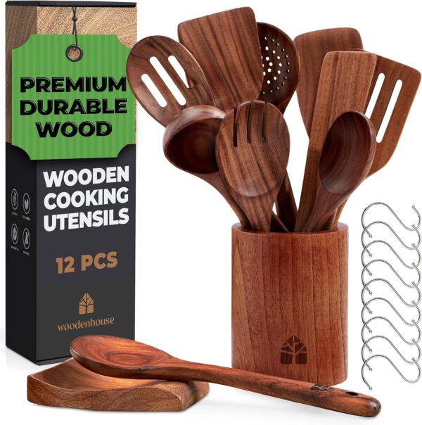 Ensemble de 8 spatules de cuisine en bois avec support, durable et pratique – Image 20