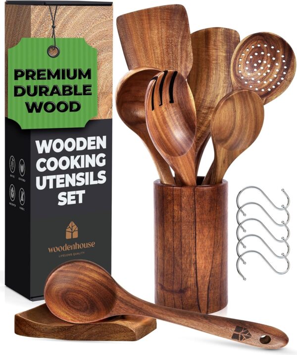 Ensemble de 8 spatules de cuisine en bois avec support, durable et pratique – Image 11