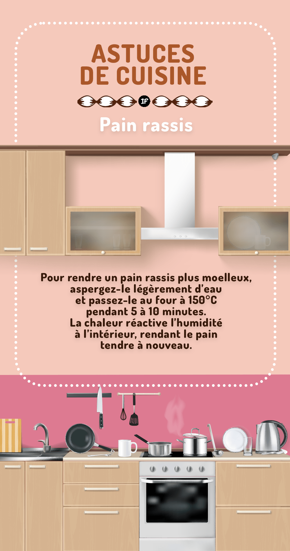 Pour un pain rassis, aspergez-le d'eau, passez-le 5 à 10 min au four à 150°C. La chaleur réactive l'humidité, rendant le pain tendre et savoureux !